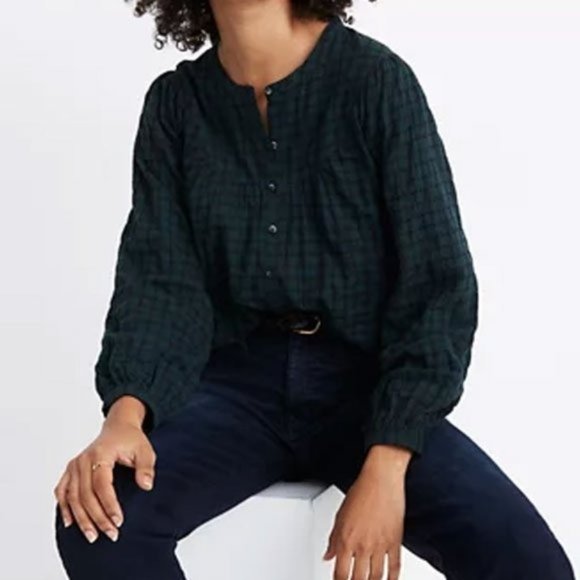 Madewell Green Navy Plaid Balloon-Sleeve Peasant Button Down Shirt Cozy Fall - Picture 1 of 6